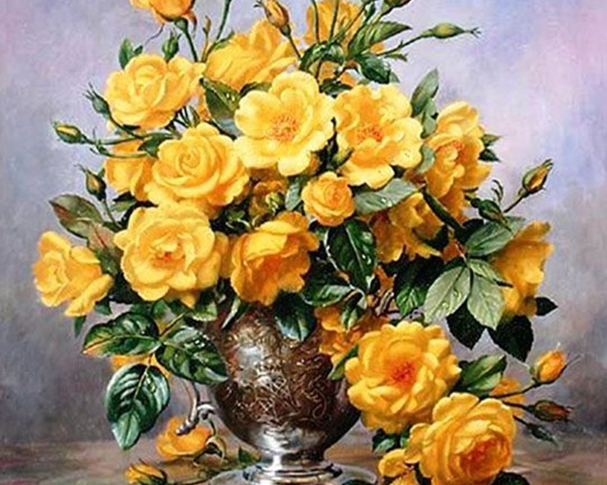 Pictura pe numere - Trandafiri galbeni in vaza