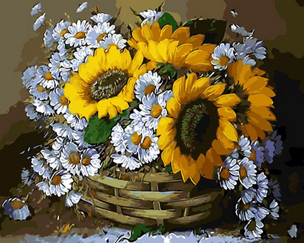 Pictura pe numere - Cos cu floarea soarelui si margarete